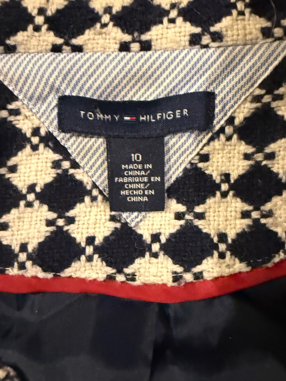 Tommy Hilfiger Wool Blend Pattern Coat Navy Ivory Belted Peacoat Size 10 - Picture 2 of 12